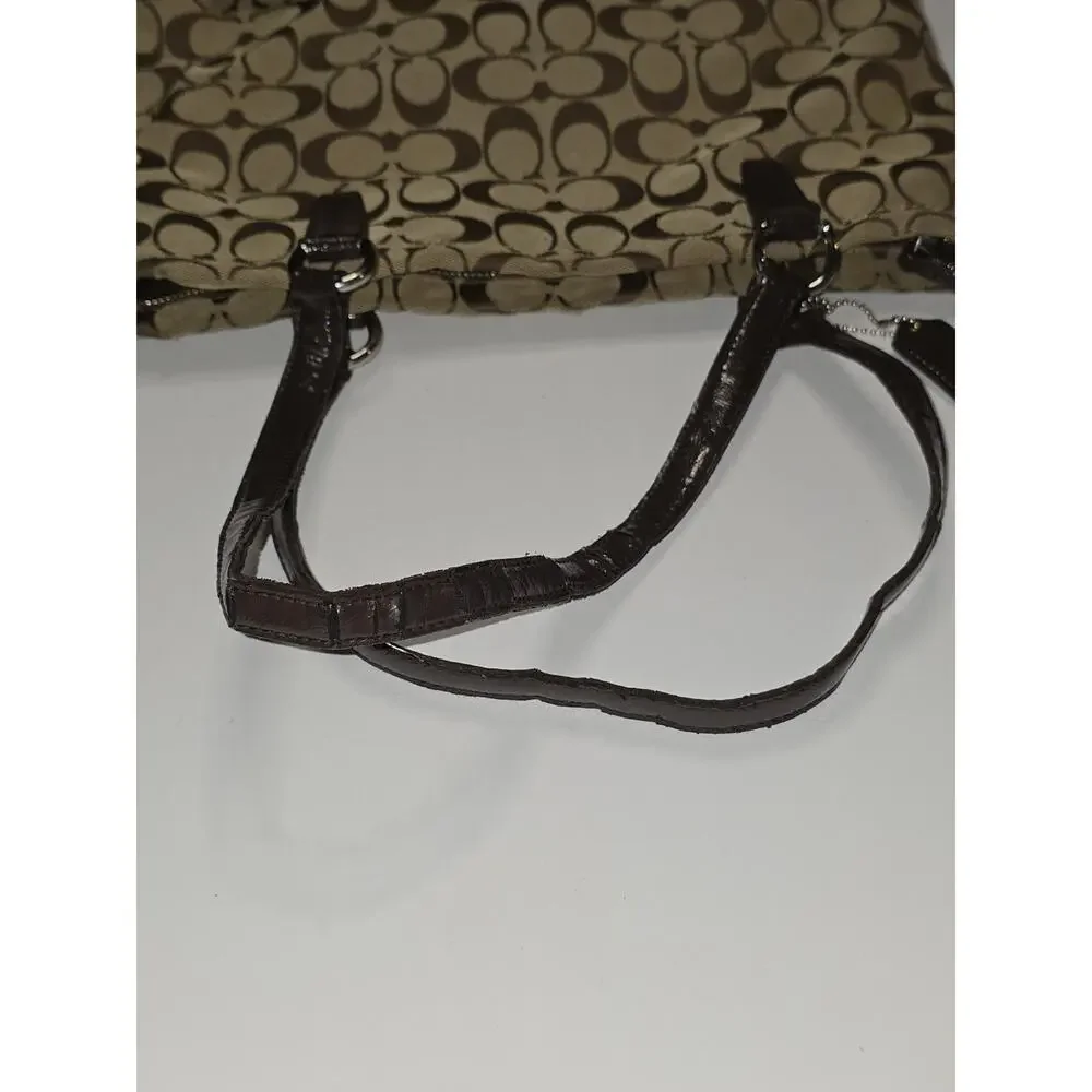 Coach Brown Signature Stripe Tote Brown Patent Leather Trim F28504 Shoulder Bag*